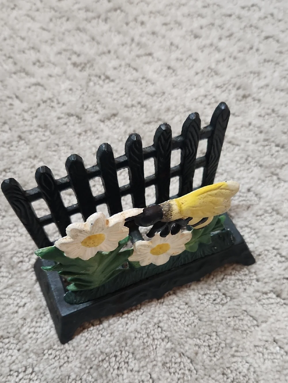 Cast Iron Bee on Daisy Fence Napkin Holder Letter Holder - Yellow, White, Green